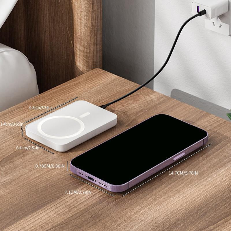 Magnetic Wireless Power Bank 5000mAh - MagSafe-Compatible Portable Charger with Up to 15W Wireless Charging and 20W USB-C PD, Slim Mini Battery Pack for iPhone 12-17 & Qi-Enabled Android Devices (Includes Ring)